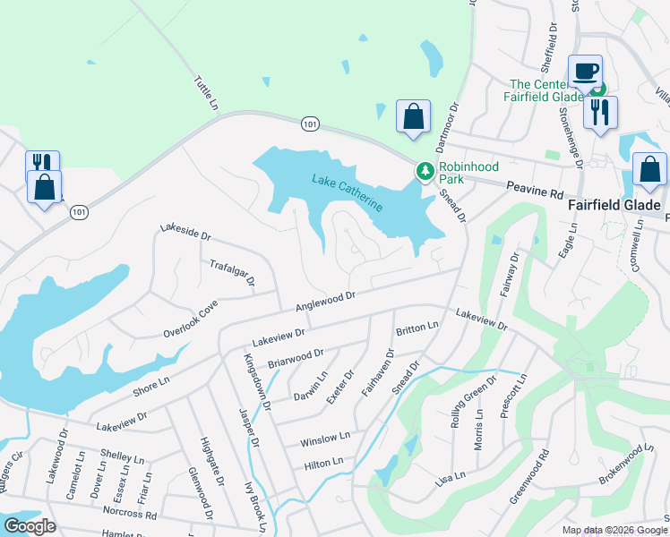 map of restaurants, bars, coffee shops, grocery stores, and more near 317 Lake Catherine Circle in Crossville