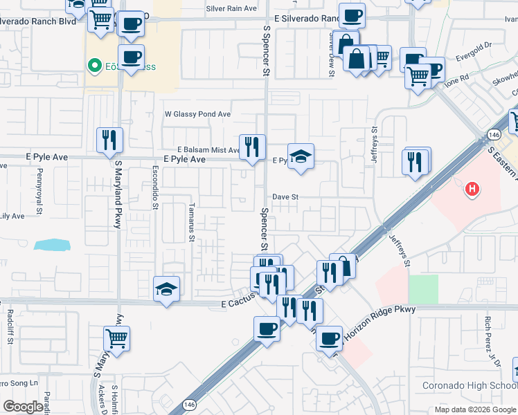 map of restaurants, bars, coffee shops, grocery stores, and more near 10175 Spencer Street in Las Vegas