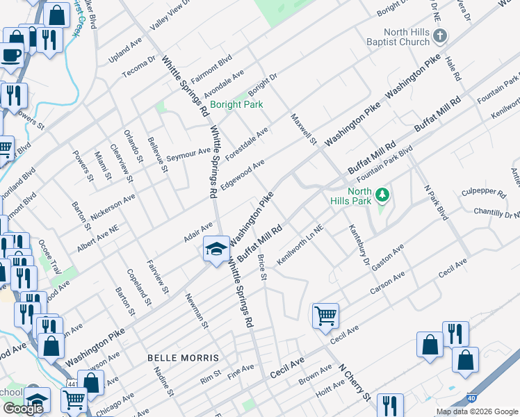 map of restaurants, bars, coffee shops, grocery stores, and more near 2539 Washington Pike in Knoxville