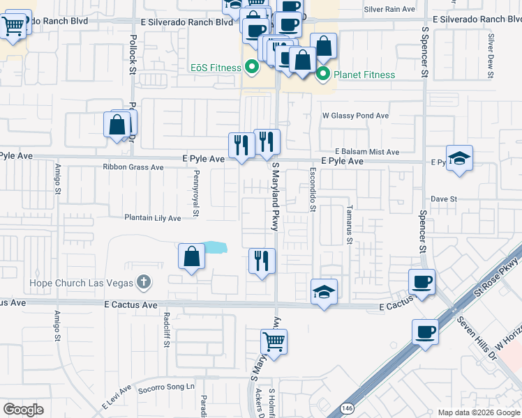 map of restaurants, bars, coffee shops, grocery stores, and more near 10245 South Maryland Parkway in Las Vegas