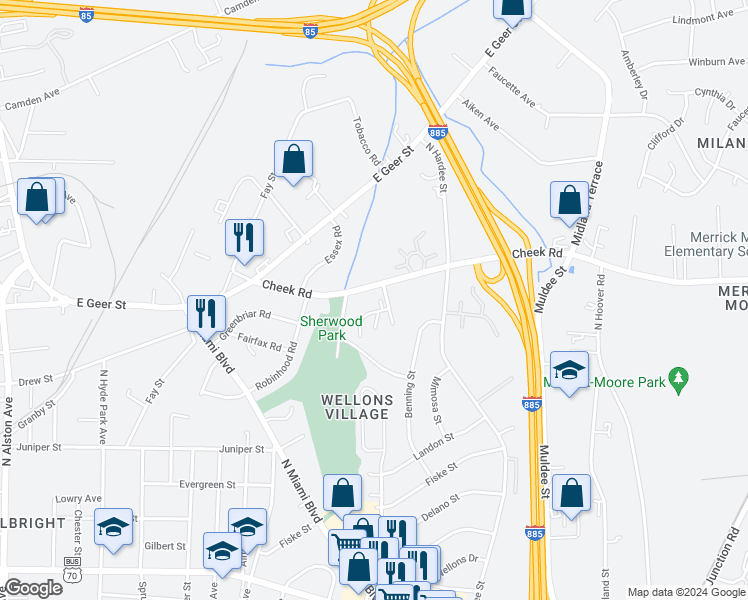 map of restaurants, bars, coffee shops, grocery stores, and more near 1811 Cheek Road in Durham