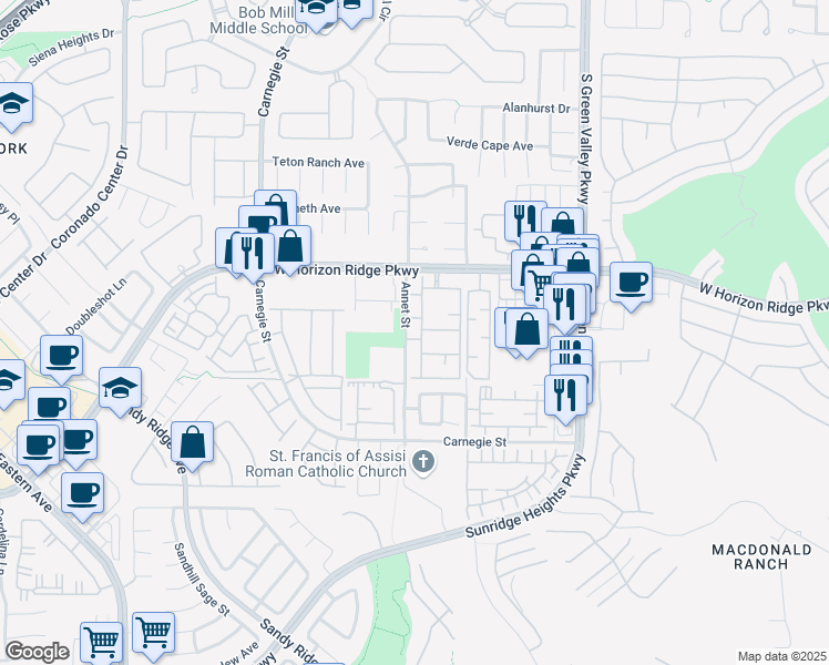 map of restaurants, bars, coffee shops, grocery stores, and more near 2305 West Horizon Ridge Parkway in Henderson