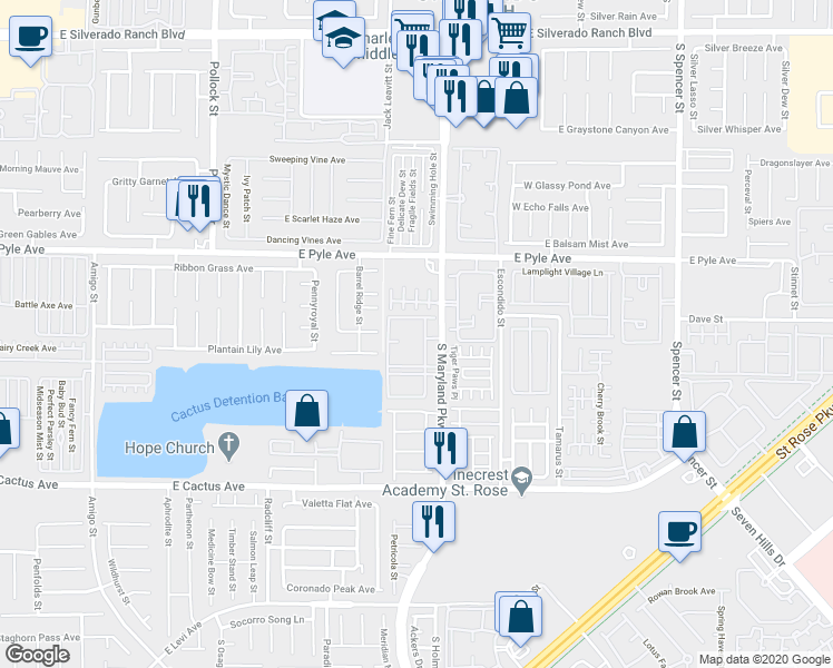 map of restaurants, bars, coffee shops, grocery stores, and more near 10191 Pleasant Village Place in Las Vegas