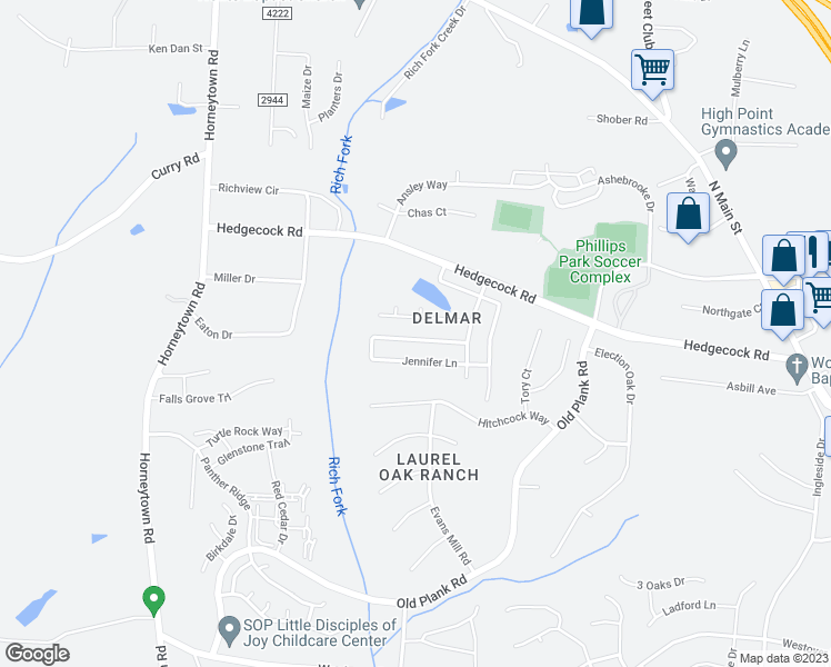 map of restaurants, bars, coffee shops, grocery stores, and more near 850 Hedgepath Terrace in High Point