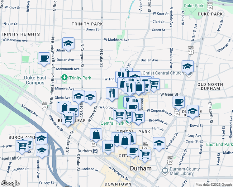 map of restaurants, bars, coffee shops, grocery stores, and more near 711 Washington Street in Durham