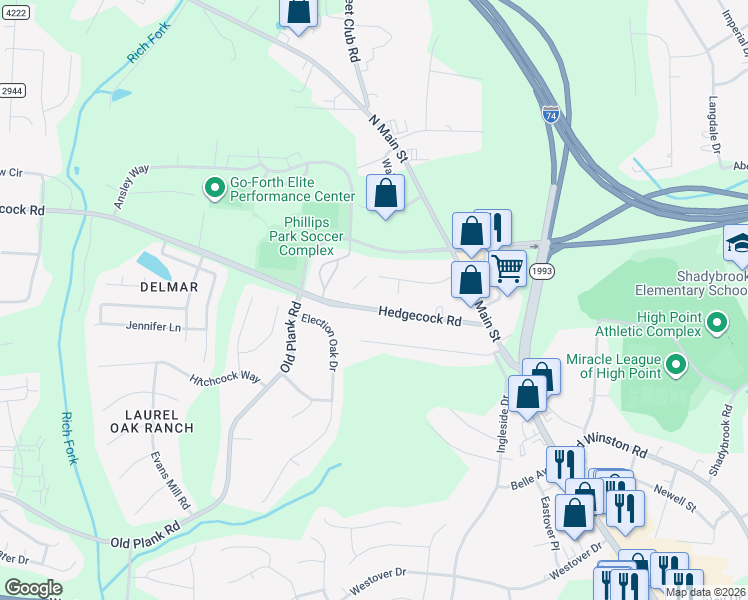 map of restaurants, bars, coffee shops, grocery stores, and more near 124 Northgate Court in High Point