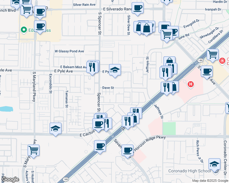 map of restaurants, bars, coffee shops, grocery stores, and more near 10214 Viterbo Street in Las Vegas