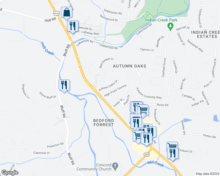 map of restaurants, bars, coffee shops, grocery stores, and more near 6728 Autumn Oaks Drive in Brentwood