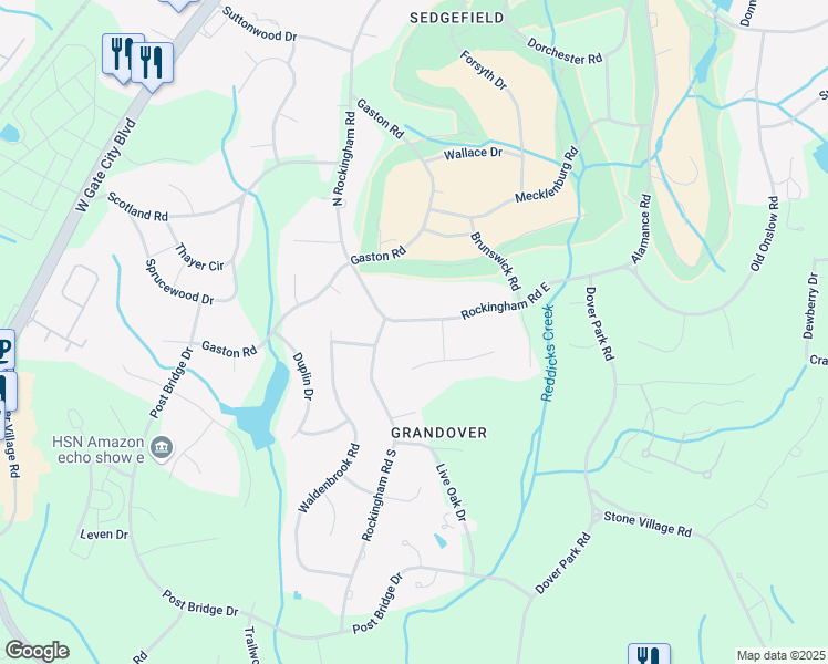 map of restaurants, bars, coffee shops, grocery stores, and more near 5523 East Rockingham Road in Greensboro