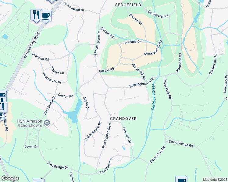 map of restaurants, bars, coffee shops, grocery stores, and more near 5523 East Rockingham Road in Greensboro