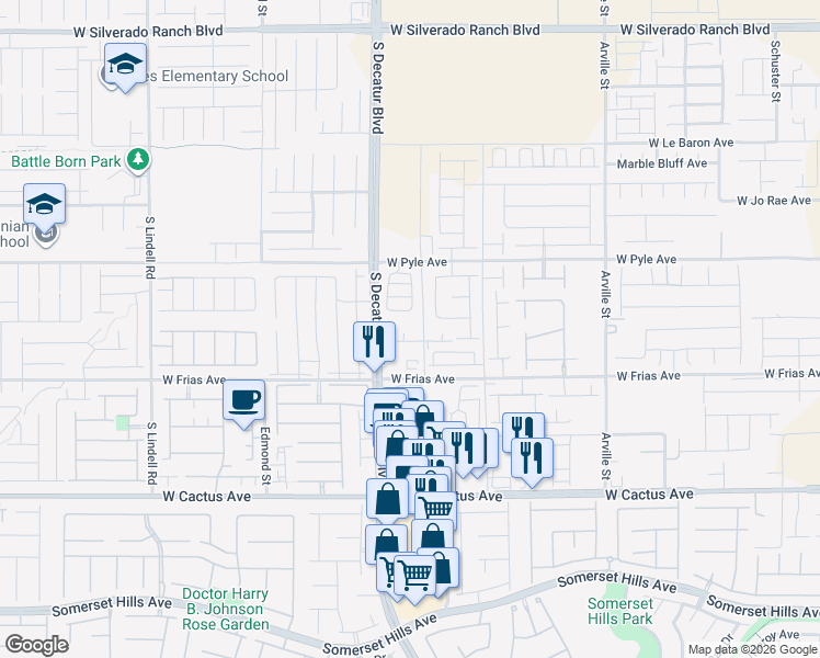 map of restaurants, bars, coffee shops, grocery stores, and more near 10270 South Decatur Boulevard in Las Vegas