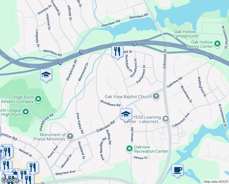 map of restaurants, bars, coffee shops, grocery stores, and more near 1303 Andover Court in High Point