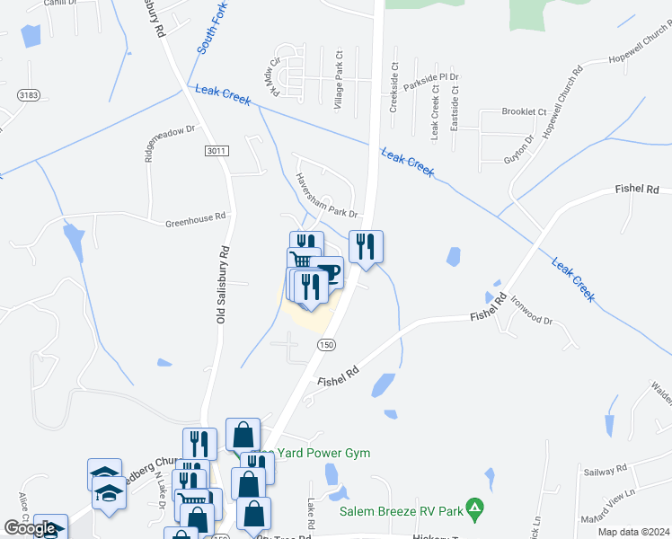 map of restaurants, bars, coffee shops, grocery stores, and more near 1736 Olivers Crossing Circle in Winston-Salem