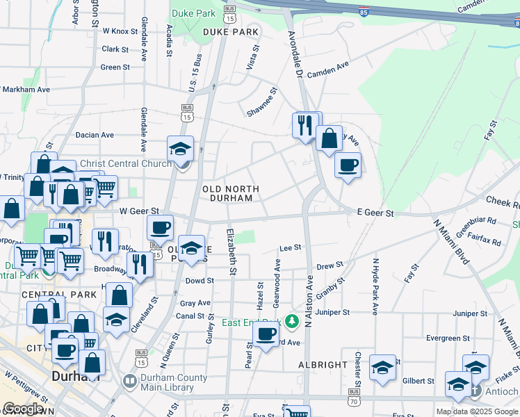 map of restaurants, bars, coffee shops, grocery stores, and more near 1609 Rosetta Drive in Durham