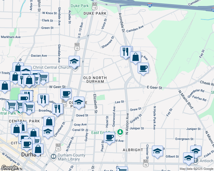 map of restaurants, bars, coffee shops, grocery stores, and more near 1609 Rosetta Drive in Durham