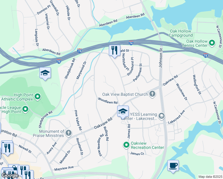 map of restaurants, bars, coffee shops, grocery stores, and more near 1303 Andover Court in High Point