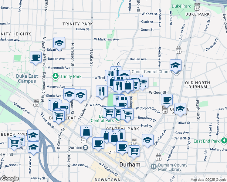 map of restaurants, bars, coffee shops, grocery stores, and more near 520 West Geer Street in Durham