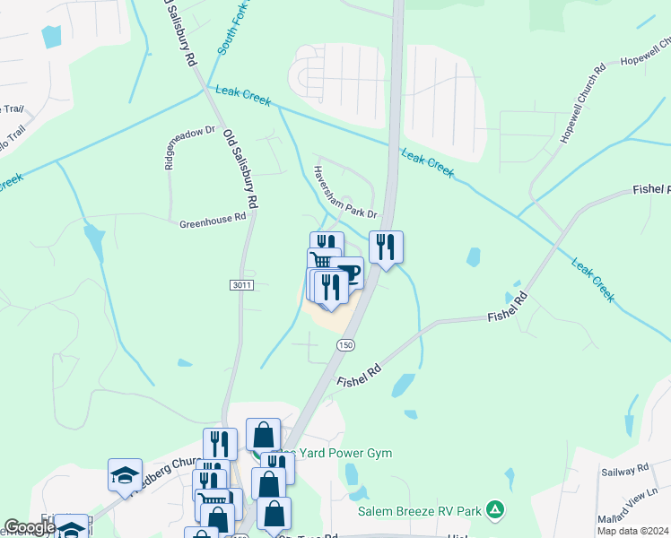 map of restaurants, bars, coffee shops, grocery stores, and more near Olivers Crossing Drive in Winston-Salem