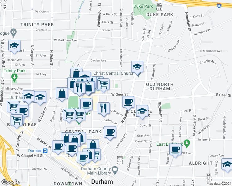 map of restaurants, bars, coffee shops, grocery stores, and more near 208 West Geer Street in Durham