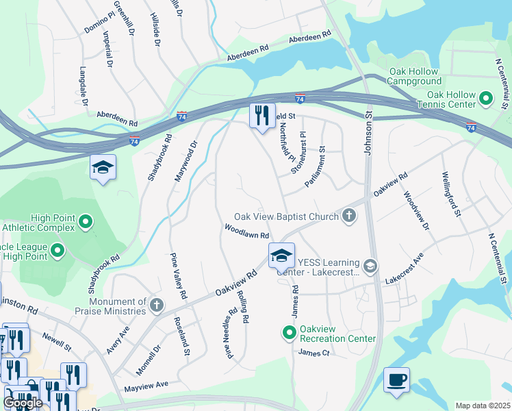 map of restaurants, bars, coffee shops, grocery stores, and more near 1301 Andover Court in High Point