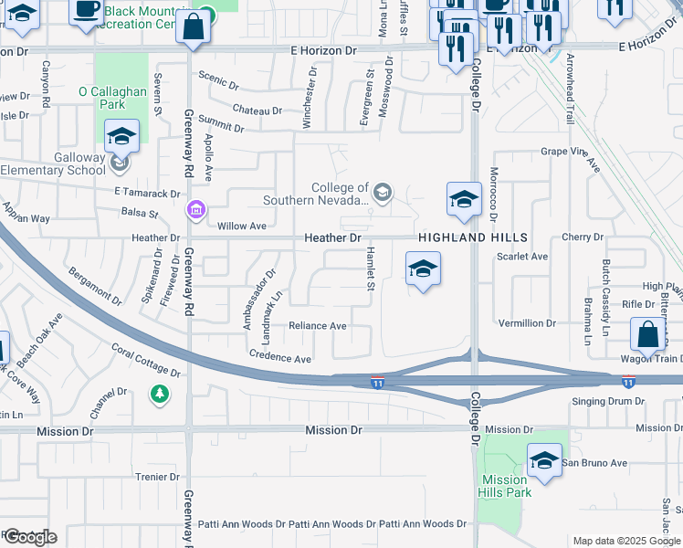 map of restaurants, bars, coffee shops, grocery stores, and more near 554 Brigadier Street in Henderson