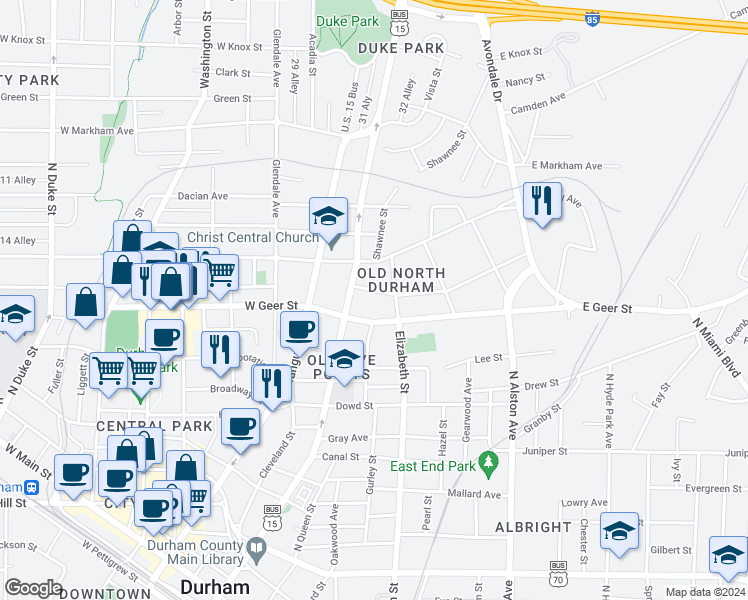 map of restaurants, bars, coffee shops, grocery stores, and more near 1216 North Roxboro Street in Durham