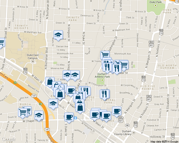 map of restaurants, bars, coffee shops, grocery stores, and more near 810 Minerva Avenue in Durham
