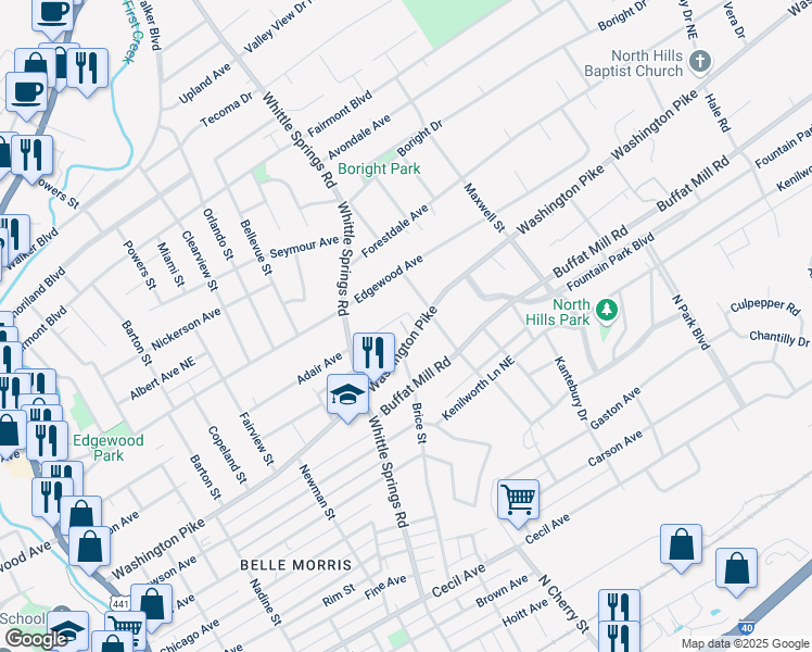 map of restaurants, bars, coffee shops, grocery stores, and more near 2539 Washington Pike in Knoxville