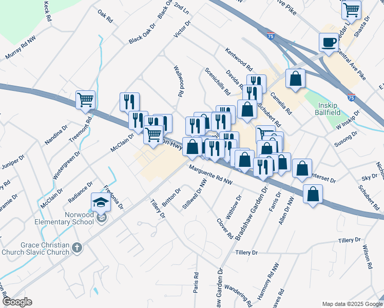 map of restaurants, bars, coffee shops, grocery stores, and more near 108 Harriett Place in Knoxville