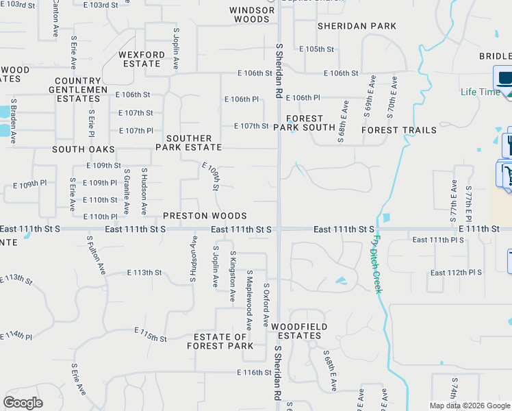 map of restaurants, bars, coffee shops, grocery stores, and more near 6305 East 110th Street in Tulsa