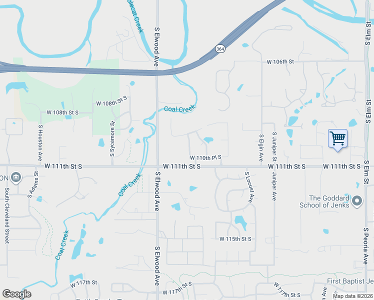 map of restaurants, bars, coffee shops, grocery stores, and more near 10937 South Oak Avenue in Jenks