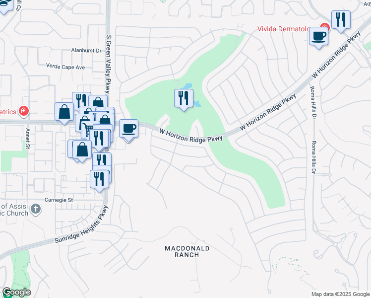 map of restaurants, bars, coffee shops, grocery stores, and more near 2176 Tiger Links Drive in Henderson