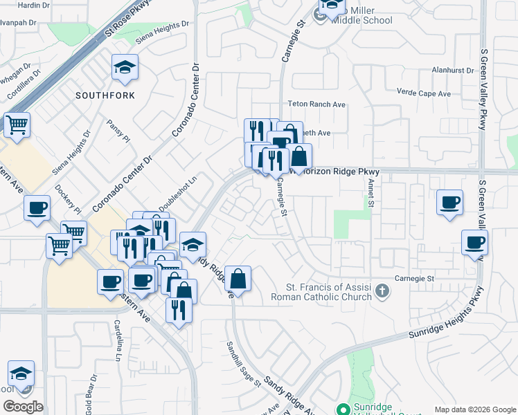 map of restaurants, bars, coffee shops, grocery stores, and more near 2575 West Horizon Ridge Parkway in Henderson