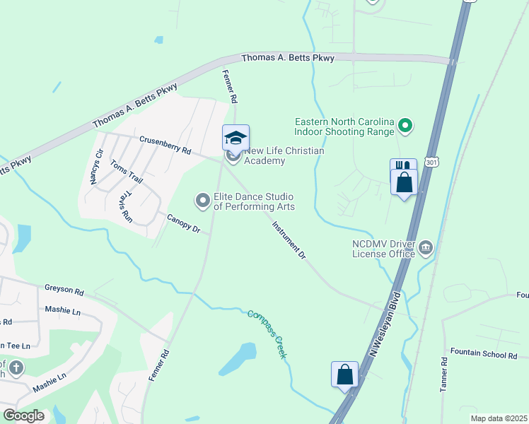 map of restaurants, bars, coffee shops, grocery stores, and more near Instrument Drive in Rocky Mount