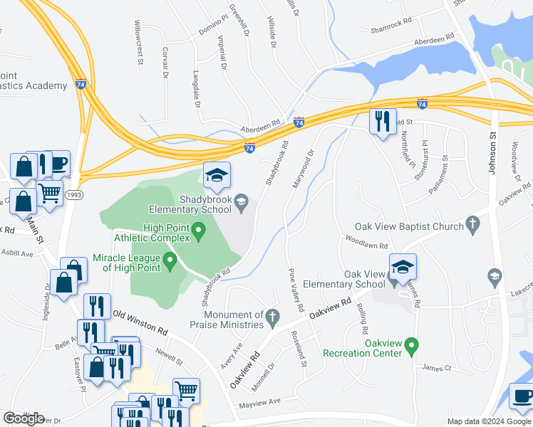 map of restaurants, bars, coffee shops, grocery stores, and more near 428 Shadybrook Road in High Point