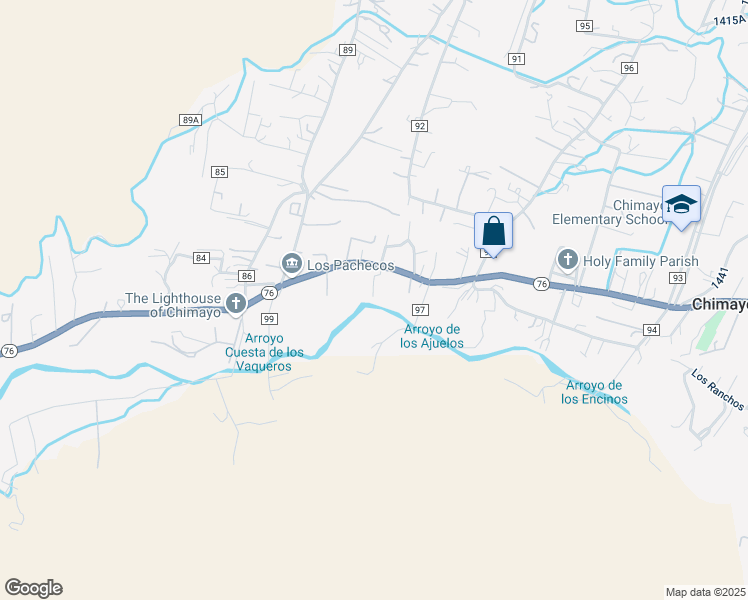 map of restaurants, bars, coffee shops, grocery stores, and more near 641 New Mexico 76 in Chimayo