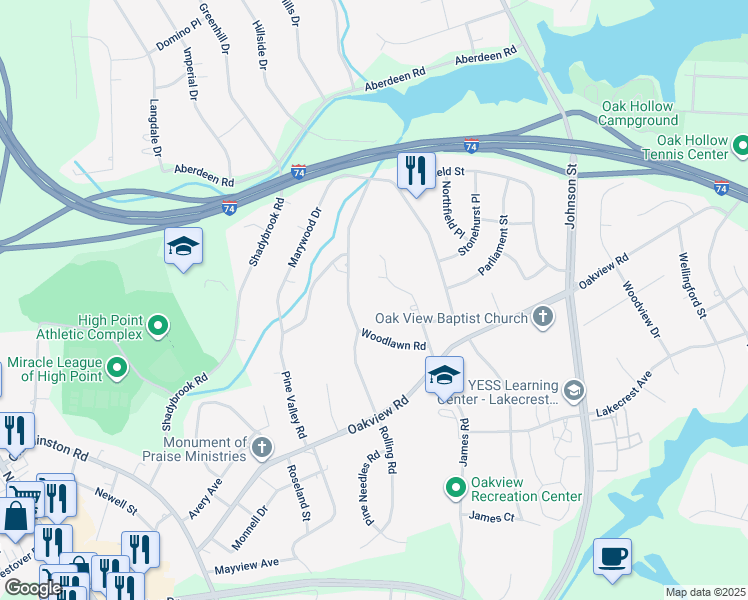 map of restaurants, bars, coffee shops, grocery stores, and more near 3506 Rolling Road in High Point