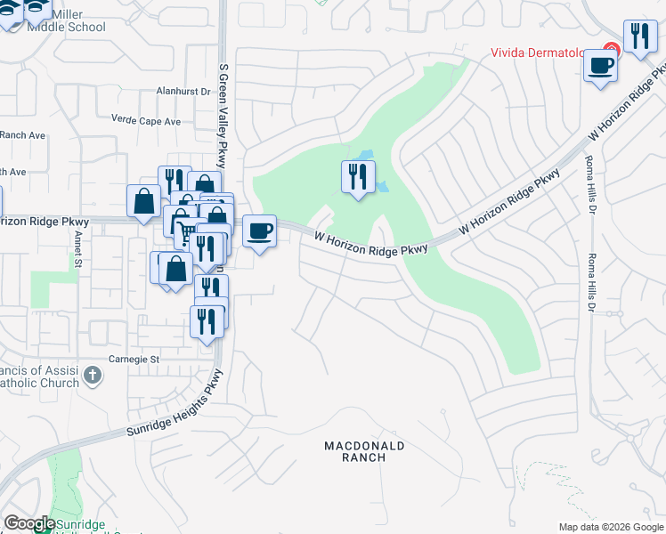 map of restaurants, bars, coffee shops, grocery stores, and more near 2200 Indigo Creek Avenue in Henderson