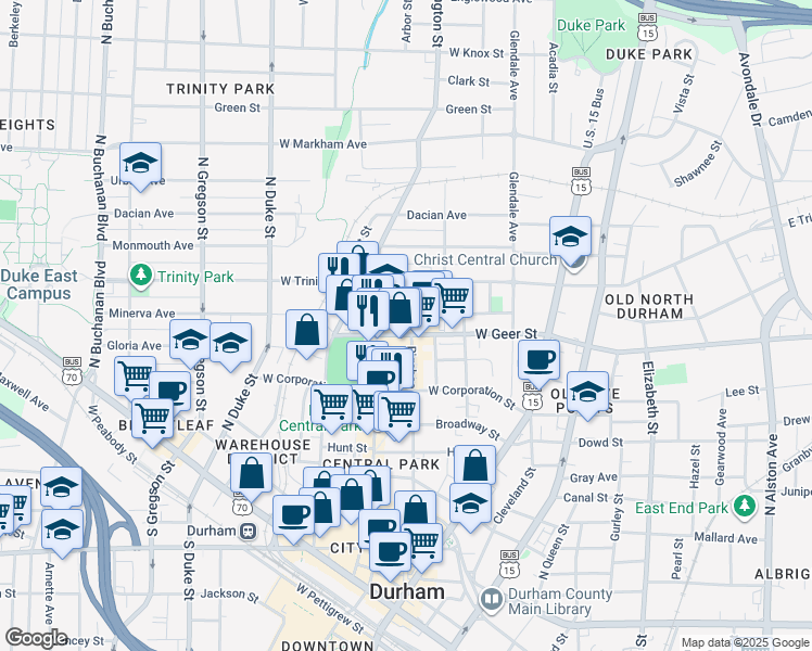 map of restaurants, bars, coffee shops, grocery stores, and more near 406 West Geer Street in Durham