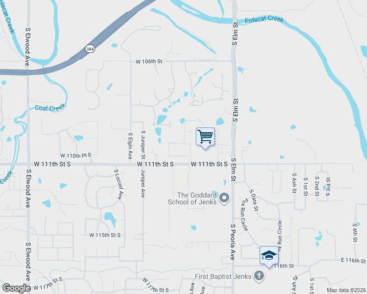 map of restaurants, bars, coffee shops, grocery stores, and more near 717 West 110th Street South in Jenks