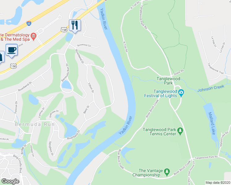 map of restaurants, bars, coffee shops, grocery stores, and more near 323 Riverbend Drive in Advance