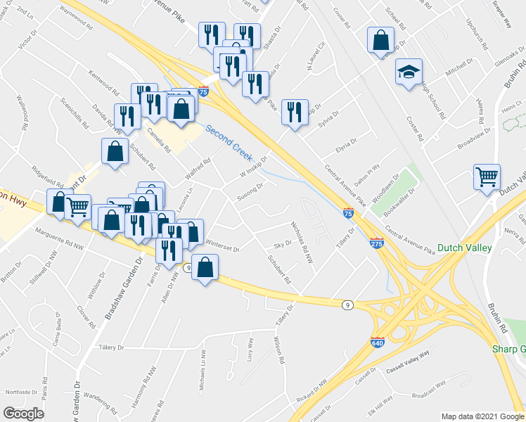map of restaurants, bars, coffee shops, grocery stores, and more near 4700 Schubert Road in Knoxville