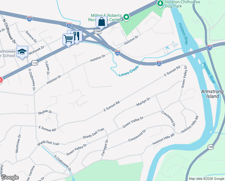 map of restaurants, bars, coffee shops, grocery stores, and more near 451 Bridge View Lane in Knoxville