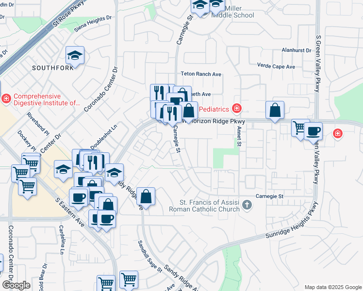 map of restaurants, bars, coffee shops, grocery stores, and more near 700 Carnegie Street in Henderson