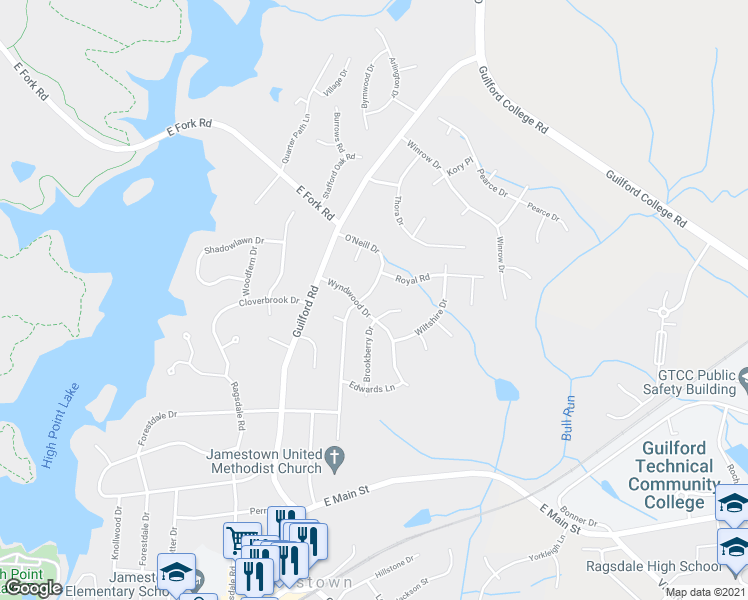 map of restaurants, bars, coffee shops, grocery stores, and more near 303 O'Neill Drive in Jamestown