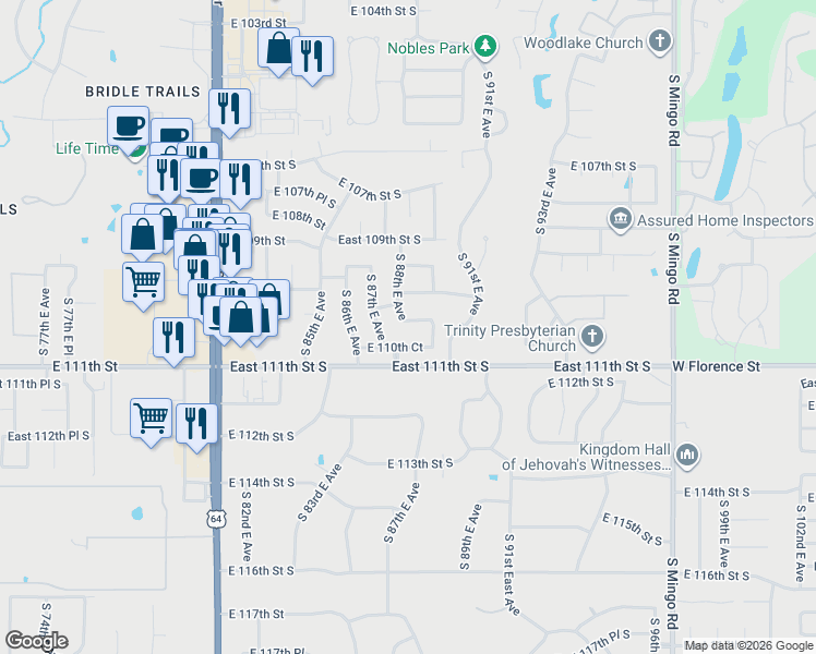 map of restaurants, bars, coffee shops, grocery stores, and more near 8813 East 110th Place in Tulsa