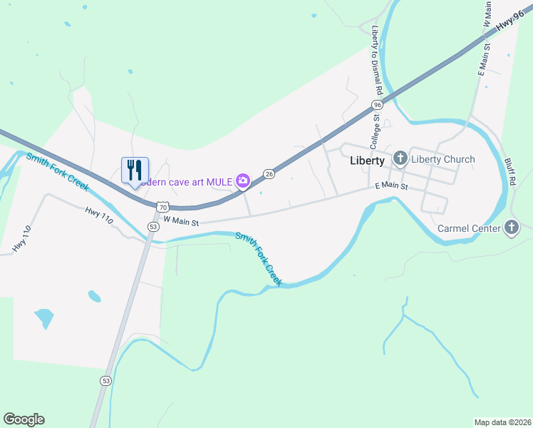 map of restaurants, bars, coffee shops, grocery stores, and more near West Main Street in Liberty