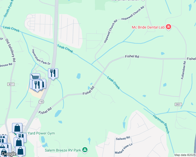 map of restaurants, bars, coffee shops, grocery stores, and more near 401-423 Fishel Road in Winston-Salem