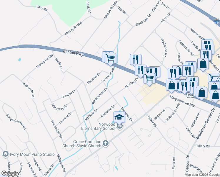 map of restaurants, bars, coffee shops, grocery stores, and more near 1815 Wintergreen Circle in Knoxville