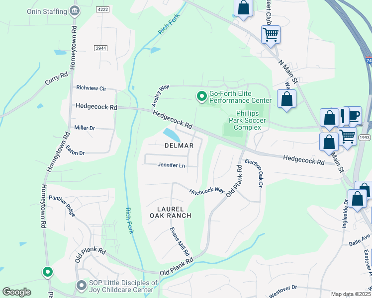 map of restaurants, bars, coffee shops, grocery stores, and more near 6423 Hedgewood Lane in High Point